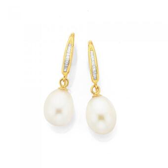 Prouds 9ct gold cultured fresh water pearl & diamond drop earrings offer
