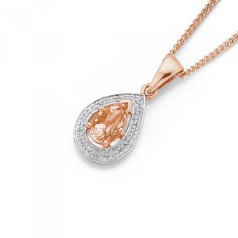 Prouds 9ct rose gold morganite & diamond pear pendant offer