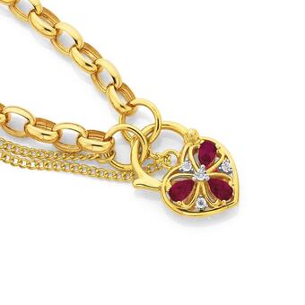Prouds 9ct gold 19cm solid belcher diamond & created ruby padlock bracelet offer