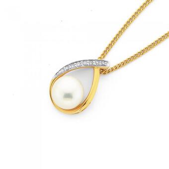 Prouds 9ct gold cultured fresh water pearl & diamond loop pendant offer