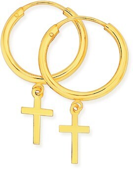 Prouds 9ct gold 1.5x10mm hoop earrings with cross drop offer