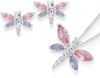 Prouds Sterling silver pink & lavender cubic zirconia dragonfly pendant & earrings set offer