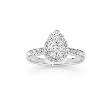 Angus & Coote 9ct white gold diamond round brilliant cut cluster tear drop shoulder ring offer