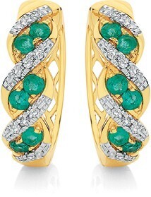 Angus & Coote 9ct gold natural emerald & diamond huggie earrings offer