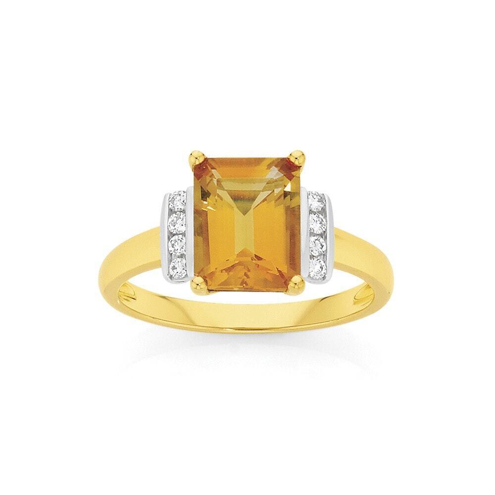 9ct gold citrine and diamond emerald cut shoulder set ring offer at