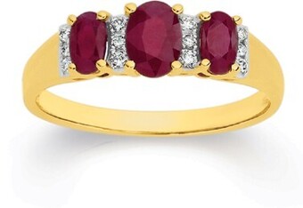 Angus & Coote 9ct gold ruby & diamond oval trilogy ring offer