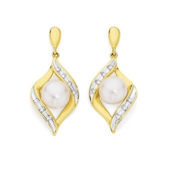 Angus & Coote 9ct gold cultured fresh water pearl & diamond crossover drop earrings offer