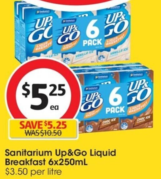 Sanitarium Up & Go Liquid Breakfast 6x250ml offer at Coles