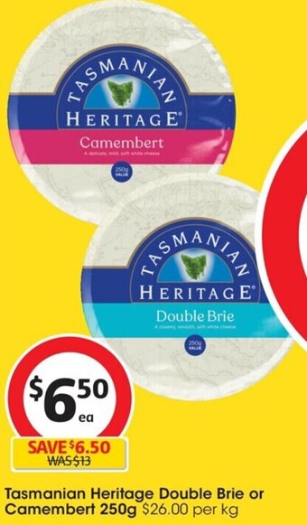 Coles Tasmanian Heritage Double Brie Or Camembert 250g offer