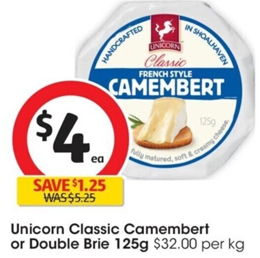 Unicorn Classic Camembert Or Double Brie 125g offer at Coles