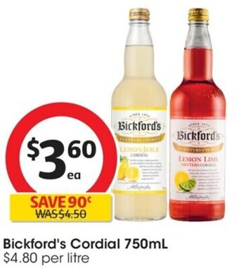 Coles Bickford's Cordial 750ml offer