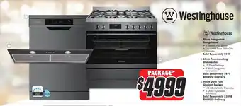 The Good Guys Westinghouse 86cm integrated rangehood 60cm freestanding dishwasher 90cm dual fuel upright cooker offer