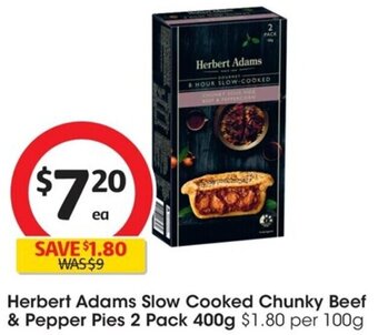 Coles Herbet Adams Slow Cooked Chunky Beef & Pepper Pies 2 Pack 400g offer