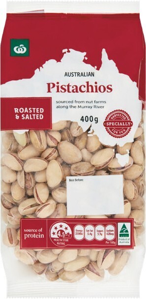 Woolworths Woolworths australian roasted & salted pistachios 400g pack offer