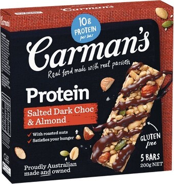 Woolworths Carman’s protein bars 150-200g pk 5 offer