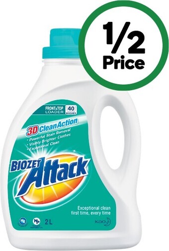 Woolworths Biozet attack laundry liquid 2 litre or powder 2 kg offer