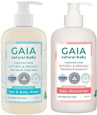 Coles Gaia natural baby hair & body wash or moisturiser 500ml offer