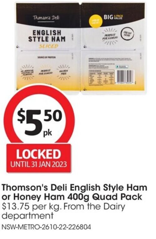 Thomson's Deli English Style Ham Or Honey Ham 400g Quad Pack offer at Coles