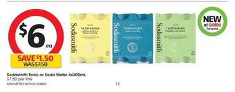 Coles Sodasmith tonic or soda water 4x200ml offer