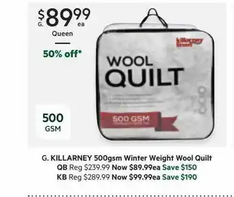 Harris Scarfe Killarney 500gsm winter wieght wool quilt offer