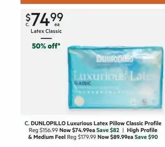 Harris Scarfe Dunlopillo luxurious latex pillow classic profile or high profile & medium feel offer