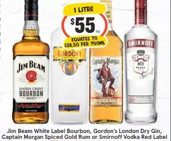 IGA Jim Beam White Label Bourbon, Gordon's London Dry Gin Captain Morgan Spiced Gold Rum Or Smirnoff Vodka Red Label offer