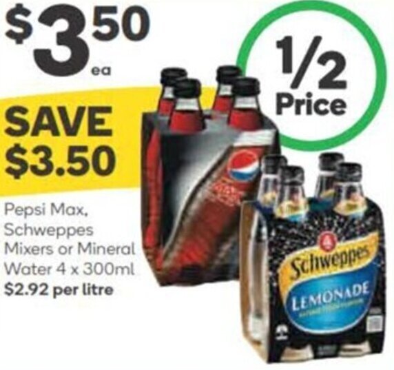 Pepsi Max, Schweppes Mixers Or Mineral Water 4 x 300ml offer at Woolworths