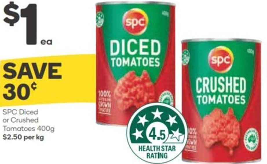 SPC Diced Or Crushed Tomatoes 400g offer at Woolworths