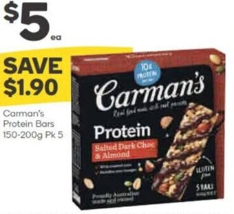Woolworths Carman's Protein Bars 150-200g Pk 5 offer