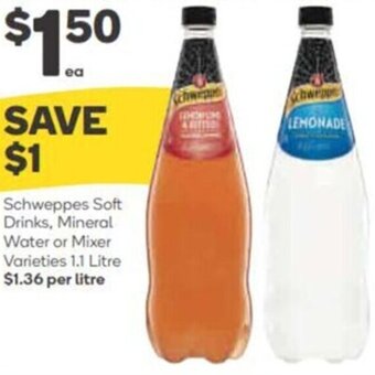 Woolworths Schweppes Soft Drinks, Mineral Water Or Mixer Varieties 1.1 Litre offer