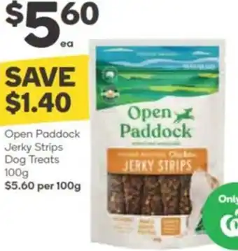Woolworths Open Paddock Jerky Strips Dog Treats 100g offer