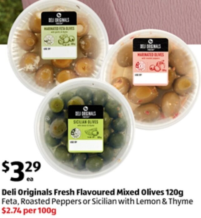 Deli Original Fresh Flavoured Mixed Olives 120g offer at ALDI