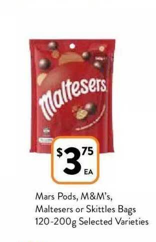 Foodworks Mars pods, m&m's, maltesers or skittles bags 120-200g offer