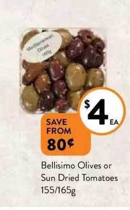 Foodworks Bellisimo olives or sun dried tomatoes 155-165g offer