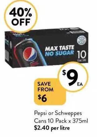 Foodworks Pepsi or schweppes cans 10 pack x 375ml offer