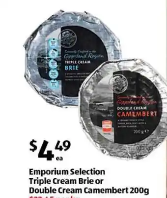 ALDI Emporium selection triple cream brie or double cream camembert offer