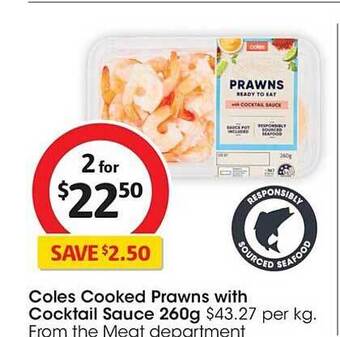 Coles Coles cooked prawns with cocktail sauce offer