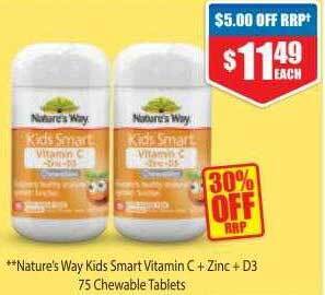 Chemist Warehouse Nature's way kids smart vitamin c + zinc + d3 75 chewable tablets offer