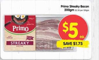 Primo streaky bacon 200gm
