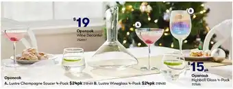 BIG W Openook wine decanter, openook highball glass 4-pack, lustre champagne saucer 4-pack, lustre wineglass 4-pack offer