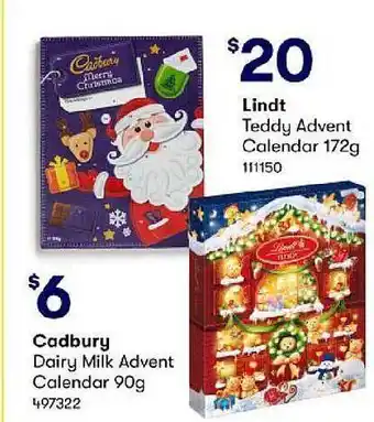 BIG W Cadbury dairy milk advent calendar 90g, lindt teddy advent calendar 172g offer