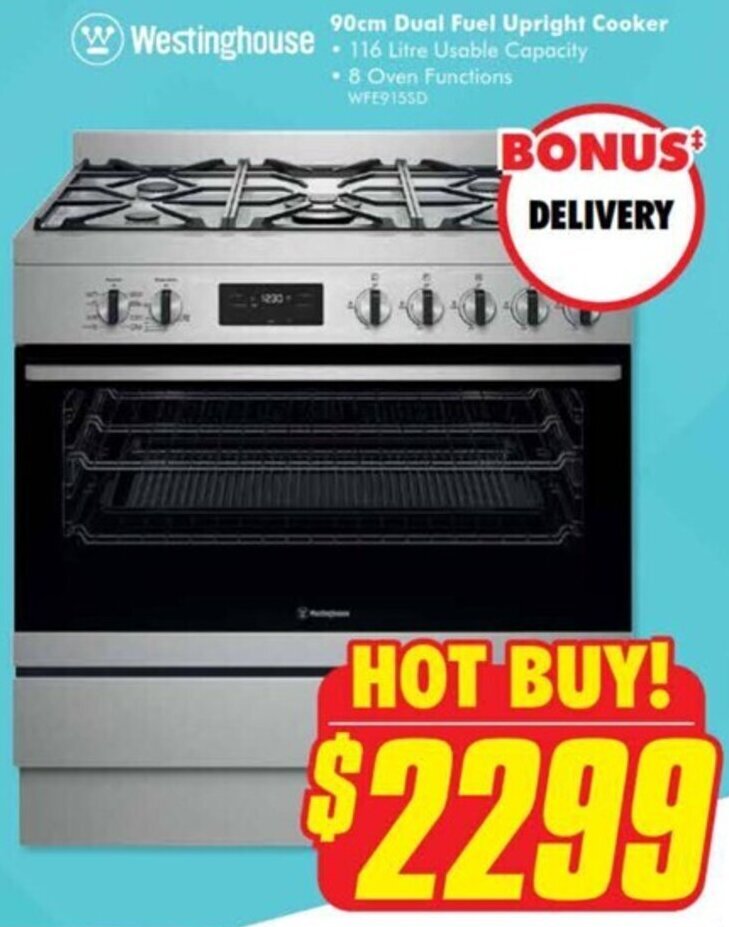 Westinghouse 90cm Dual Fuel Upright Cooker offer at The Good Guys