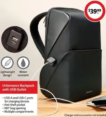 Coles Urbanworx Backpack With USB Outlet offer