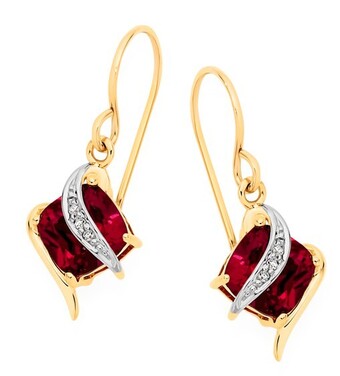 Goldmark 9ct gold created ruby & diamond cushion crossover drop earrings offer