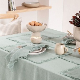 Pillow Talk Ashra fringed jadeite table linen range by m.u.s.e. offer