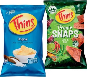 IGA Thins chips or veggie snaps 120-175g selected varieties offer