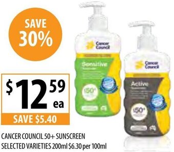 Cancer Council 50+ Sunscreen Selected Varieties 200ml