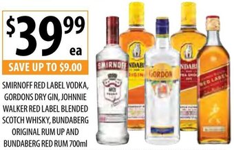 Supabarn Smirnoff Red Label Vodka, Gordons Dry Gin, Johnnie Walker Red Label Blended Scotch Whisky, Bundaberg Original Rum Up offer