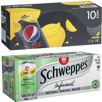 Coles Pepsi, solo or schweppes soft drink or schweppes infused sparkling water 10x375ml offer