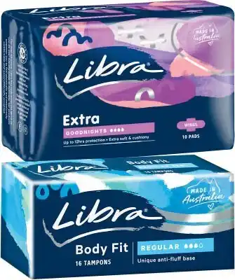 Coles Libra regular tampons 16 pack or extra long goodnights pads with wings 10 pack offer